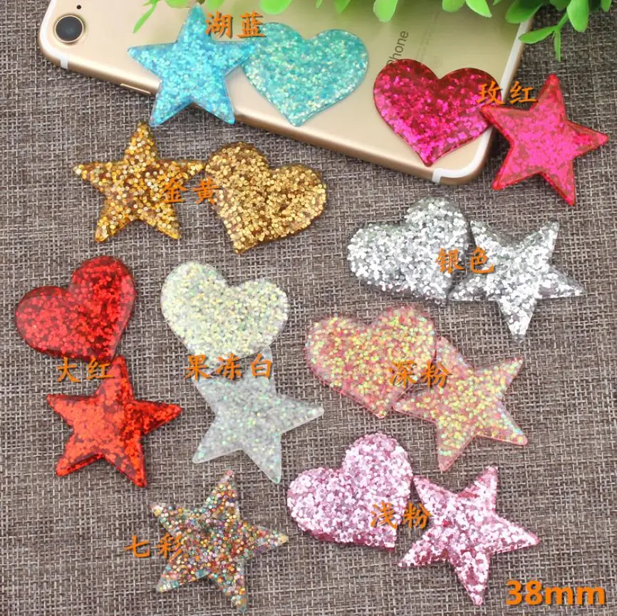 

100pcs/lot Glitter Multicolor 38mm Kawaii flat back Resin Heart Pentagram Heart for diy decoration crafts accessories