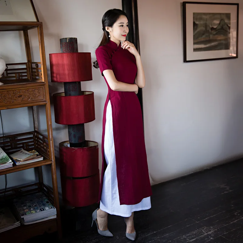 Традиционное платье Ципао Aodai из Вьетнама длинное хлопка и льна в китайском стиле