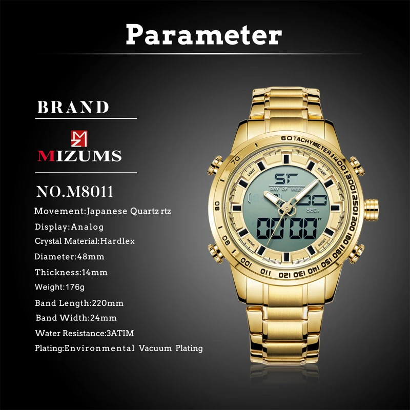 

2019 MIZUMS fashion men dual display Japanese movement quartz watches gentleman business waterproof led bracelet week clock