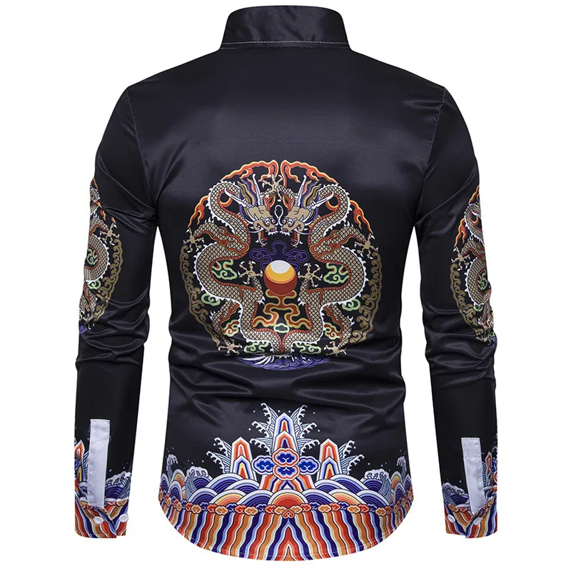 Мужская атласная рубашка с отложным воротником и принтом дракона | одежда