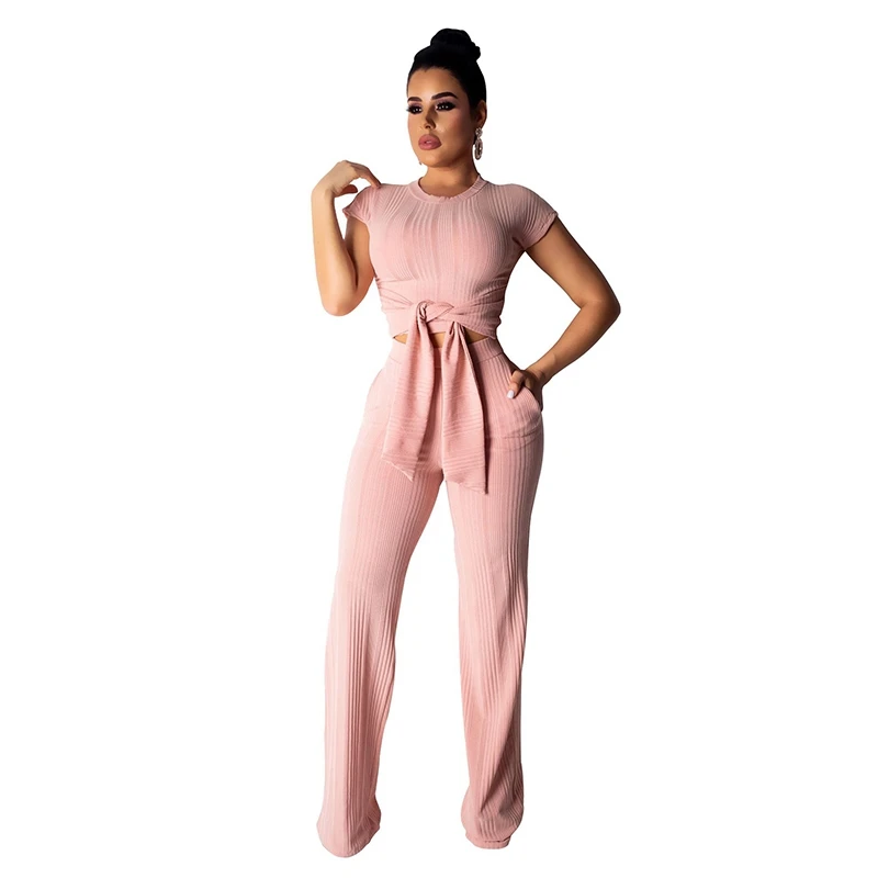 Pink Вязанные комплекты из двух предметов Женская одежда с круглым вырезом короткий рукав бандажный топ+ карман широкие штанишки карамельного цвета спортивный костюм - Цвет: Pink