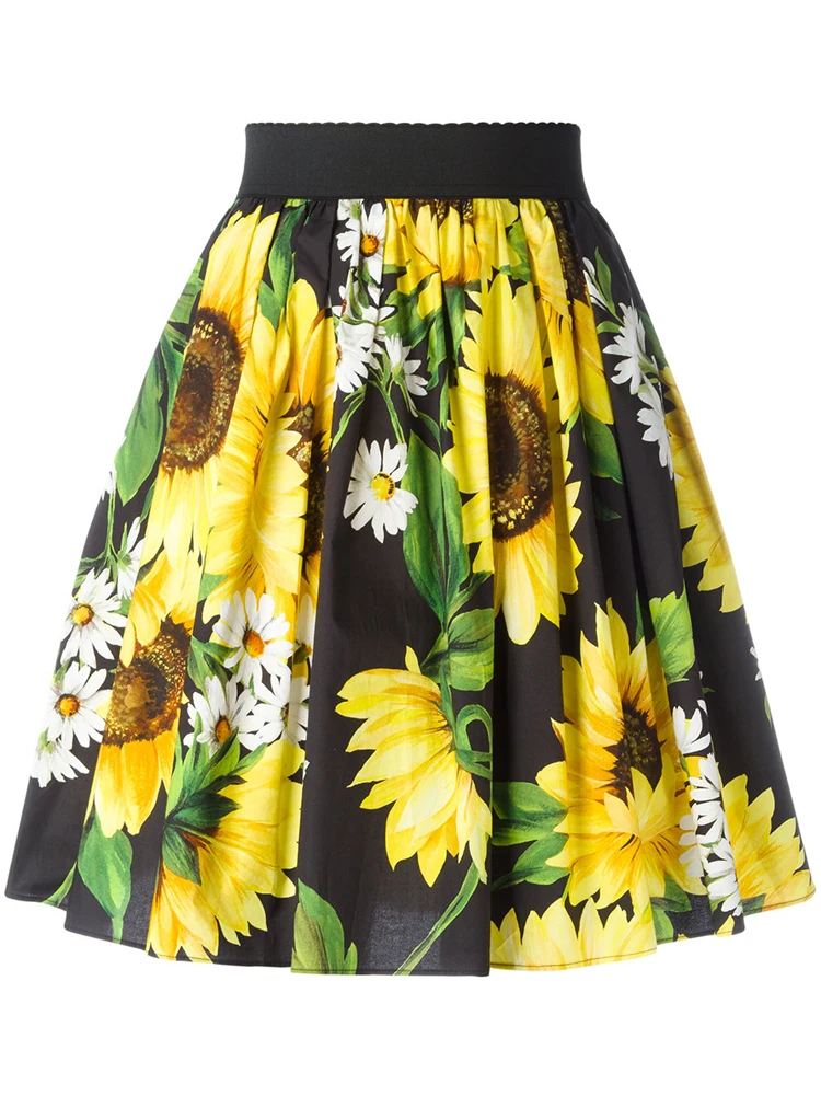 

Customized Women's Vintage Yellow Sunflower Print Elastic Waistband Pleated Short Skirt Ladies Floral A-Line Casual Skirts Saia