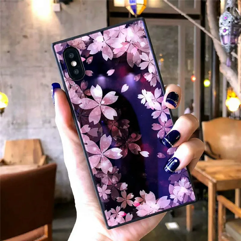 Красивые цветы square чехол для iPhone X 6 6s 7 8 Мода Закаленное стекло Мягкий край