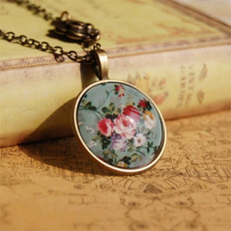 New Arrival Japanese Style Necklace Round Hand-painted Retro Floral Pendant Alloy Glass Jewelry Fashion Popular NE110 | Украшения и