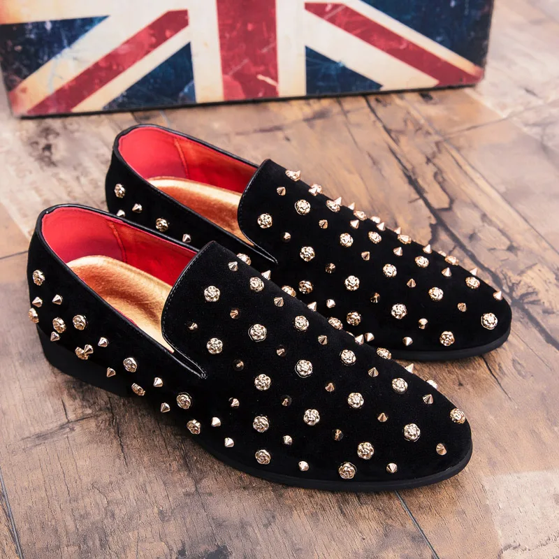 Rivet Black Men Loafers Flock Italian Shoes Casual Wedding Party Men's Flats Luxury Brand Slip on Footwear | Обувь