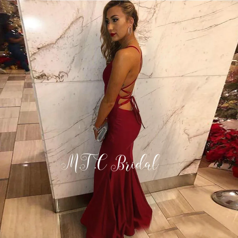 

Sexy Backless Burgundy Evening Dress 2019 Floor Length Spaghetti Strap Long Formal Dresses Cheap Wedding Party Gowns Custom Made