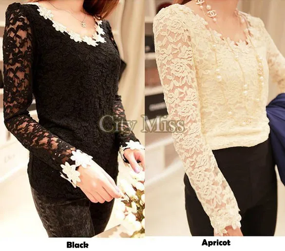 2014 new HOT White/Black/Apricot Women Lace Sleeve Chiffon Blouse Shirt Tops Gorgeous Shirts Long Embroidery B3 SV000718 |