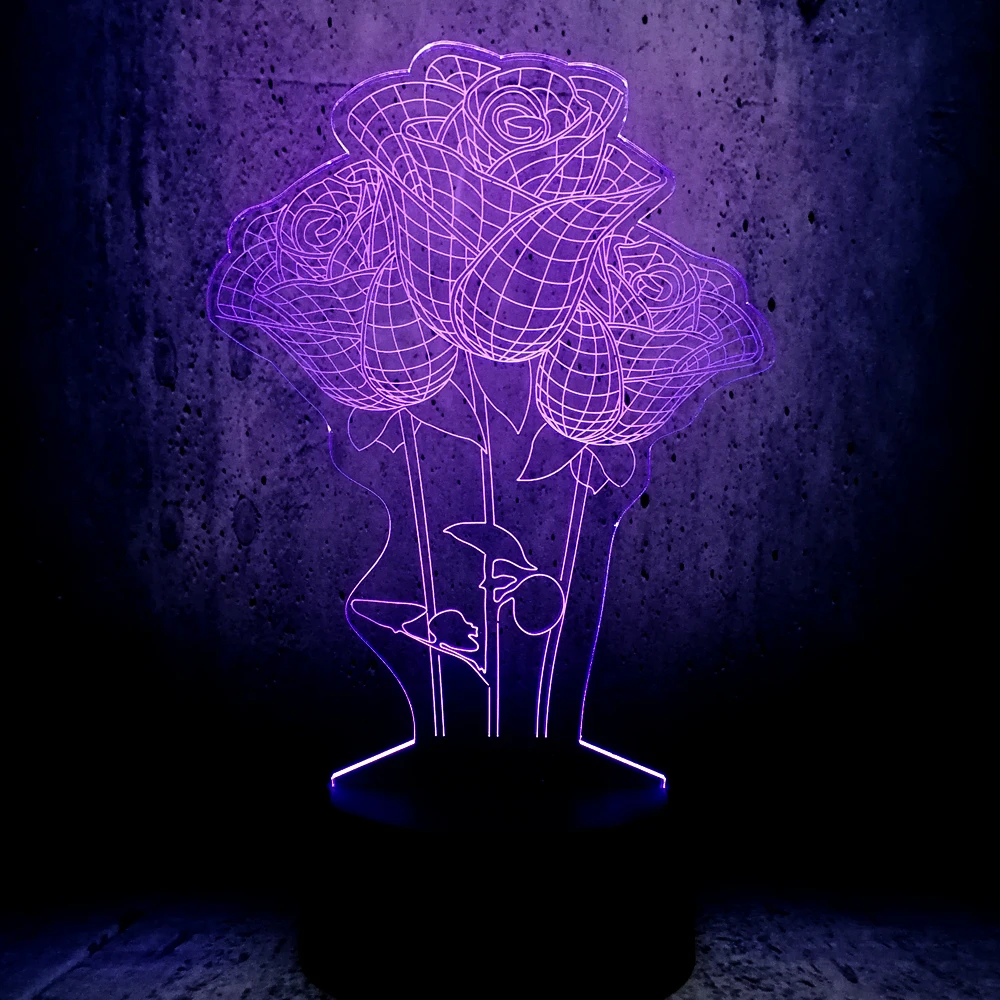 Светильник в форме букета цветов "Роза" 3D с LED-подсветкой для ночного освещения в праздничной комнате, декор для девушки в День Святого Валентина, создание настроения.