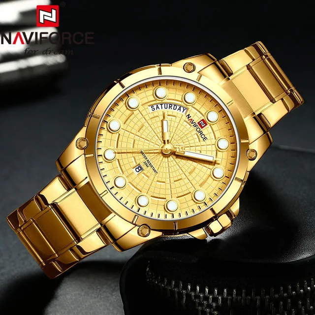 Gold NAVIFORCE Relojes часы мужские Роскошные спортивные часы из нержавеющей стали для мужчин кварцевые наручные часы водонепроницаемые Relogio Masculino - Цвет: Gold