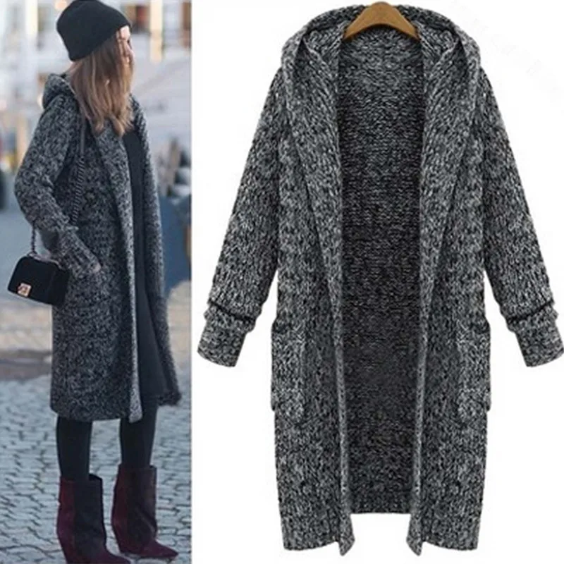 acrylic cotton blend clip yarn thick knit women fashion hooded long cardigan sweater coat H-straight M-5XL |