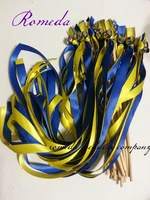free shipping blue and yellow stain ribbon with sliver bell wedding ribbon wands50pieceslot event party supplies wedding