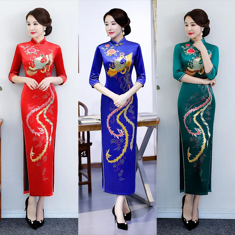 LLJUNDUI золото бархат cheongsam весна новый стиль одежда с длинным рукавом Феникс печати