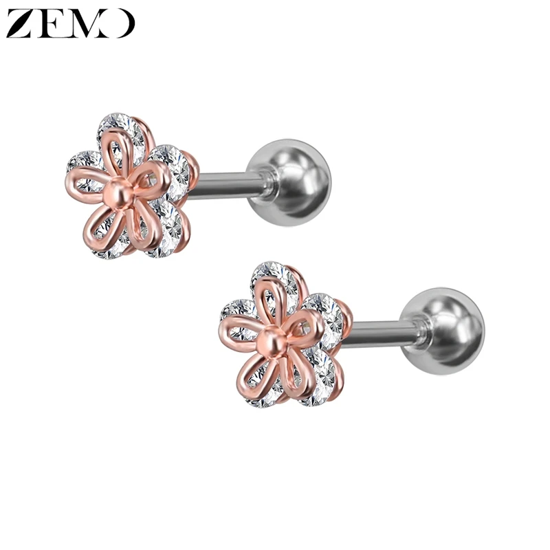 Rose Gold Женские серьги-гвоздики ZEMO из нержавеющей стали, серьги в виде цветка, Кристальный пирсинг хряща уха, детские Серьги brincos - Окраска металла: Rose Gold