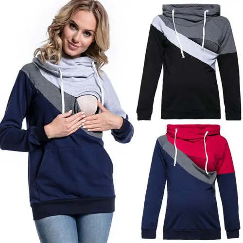 Pregnant Women's Fashion Nursing Hoodies 2018 New Casual Color Patchwork Maternity Breastfeeding Autumn Sweatshirt Top S-2XL | Женская