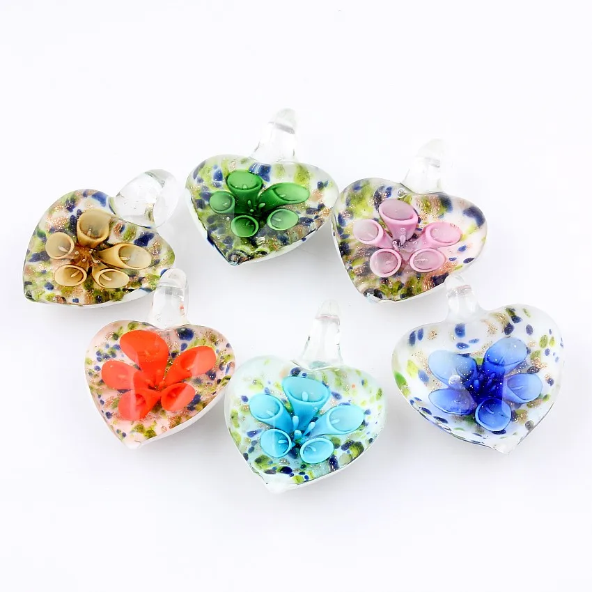 QianBei 6 шт. ручной работы Мурано Lampwork стекло Цвет Glory кулон из сердца с цветами Fit Цепочки И Ожерелья Горячие Рождество подарок