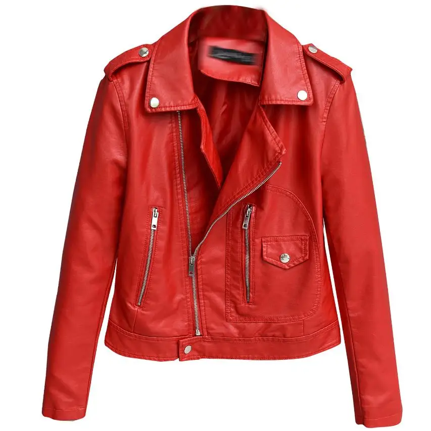 

2020 New Autumn Witner Women Motorcycle Faux PU Leather Red Jackets Lady Outerwear Coat
