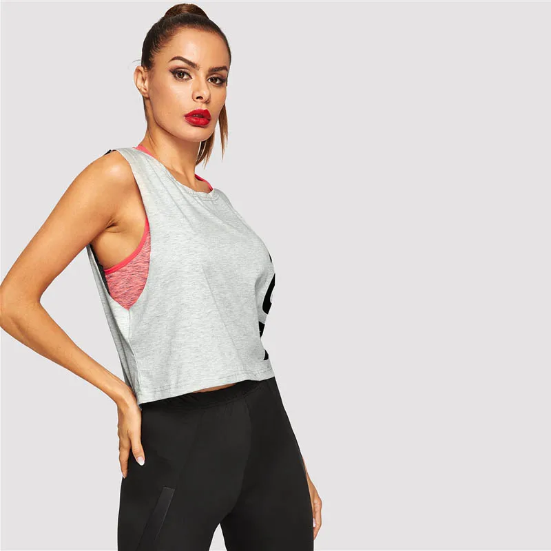 SHEIN Топ Без Рукавов С Текстовым Принтом, Спортивная Майка С Контрастным Принтом