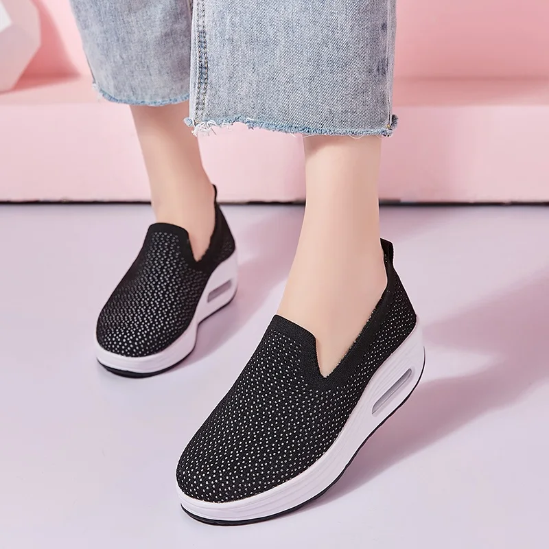 

WDZKN Fashion Shallow Women Flat Platform Shoes Slip On Loafers Female Flying Woven Mesh Height Increasing Women Platform Shoes