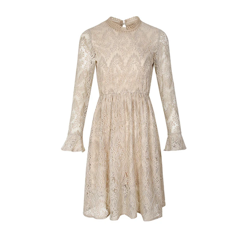 Fasion lace O-neck elegent apricot dress female Casual cute Women Party Long Dresses Sleeve top grade sexy S-XL | Женская одежда