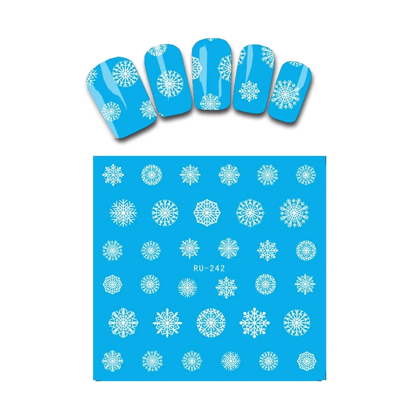 

Nail Sticker WATER DECAL BLUE BASE FLOWER CHRISTMAS XMAS WHITE SNOW FLAKE NEW YEAR RU242-247