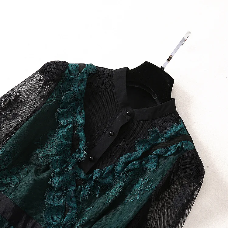 2019 Весна длинный рукав кружева Ruched Вечерние Платье черный и зеленый Лоскутная