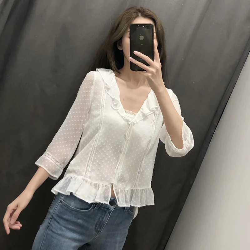 

Vintage Sweet Buttons Ruffles Chiffon Tops Women Blouses 2019 Fashion V Neck Three Quarter Sleeve Shirts Casual Blusas Mujer