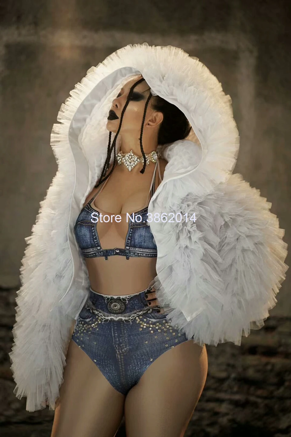 New Fashion White Mesh Lace Short Loose Jacket Hooded Women Stage Wear Sexy Nightclub Outfit Female Dance Costume Plus Size | Женская