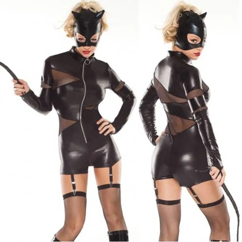 Coquette Feline Domineer виниловый сетчатый лоскутный кожаный женский сексуальный костюм