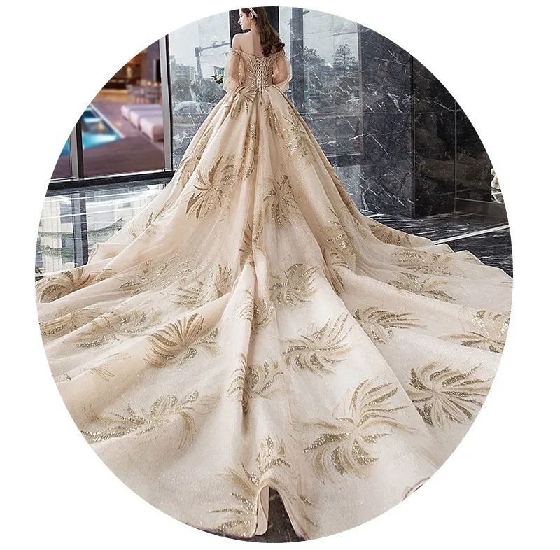 Vestido De Noiva роскошное свадебное платье цвета шампань с длинными рукавами бальное платье Дубай свадебное платье Арабский мусульманский Королевский поезд