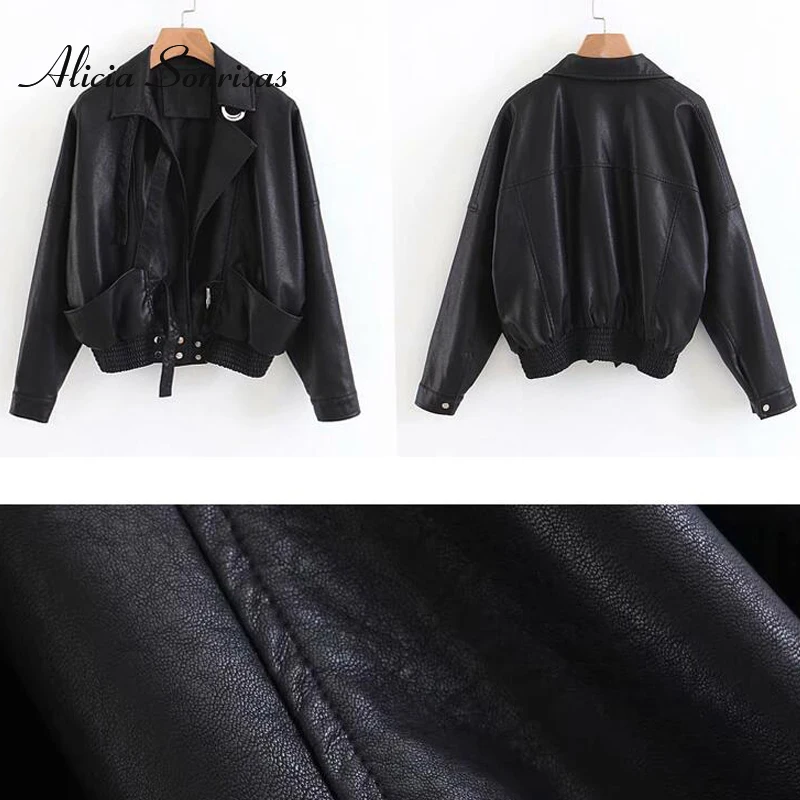 

2021 New Leather Jacket Women Motorcycle Black Rivets Long Sleeve Big Pockets Short Washed PU Leather Biker Coat With Belt AS076