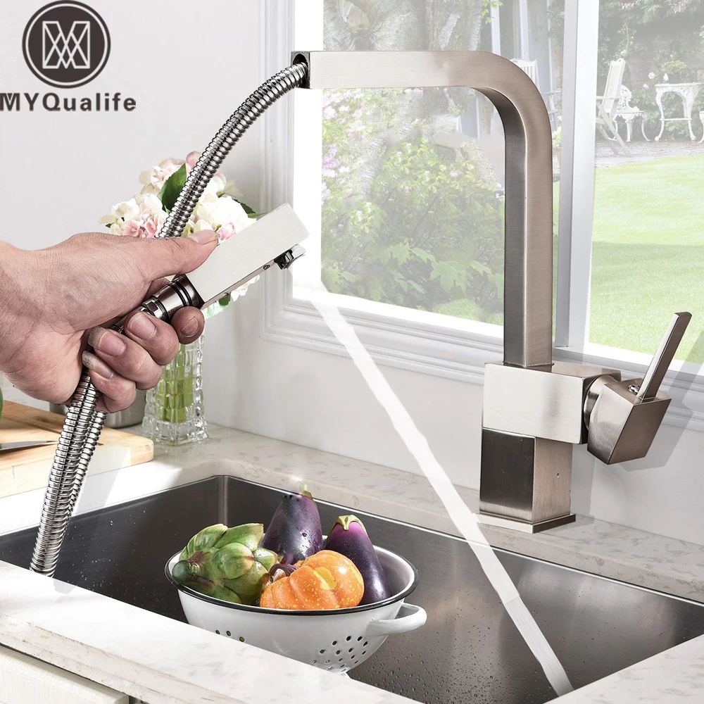 Brushed Nickel Shower Faucet Single Handle 8" Square Rainfall Shower Mixers with Handshower Height Adjustable Shower Pipe Faucet