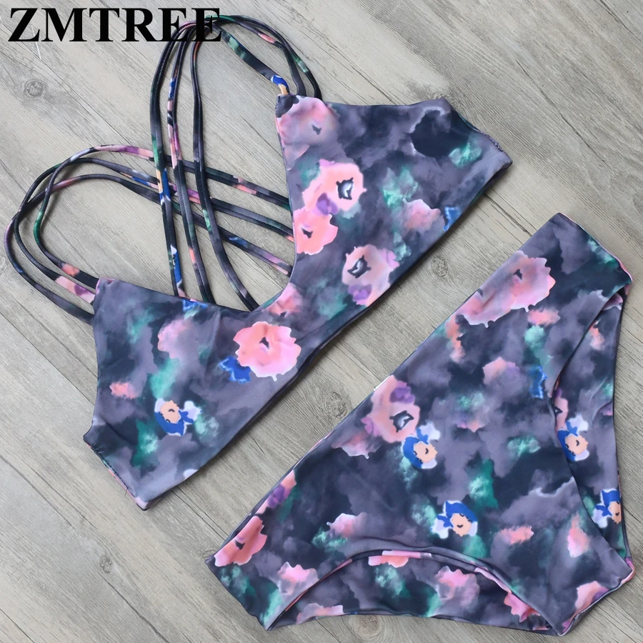 ZMTREE 2017 бикини с цветочным принтом женская повязка комплект корсет сзади