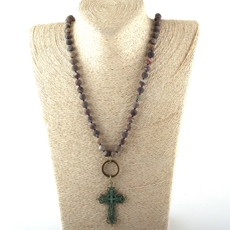 Fashion Bohemian Tribal Jewelry Natural Semi Precious Stones Knotted Metal Cross Necklace | Украшения и аксессуары