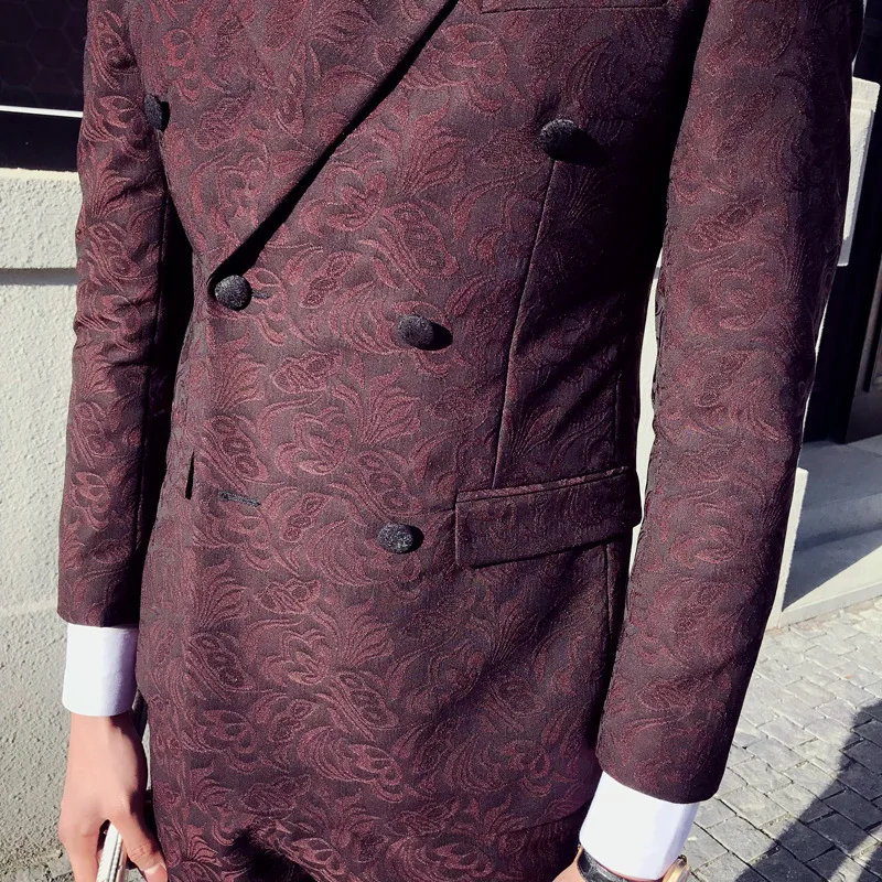 

Male Suit With Pants Wedding Groom Prom Suits for Men Burgundy Double Breasted Slim Fit 3 Pieces Set ( Jacket+Vest+Pants)