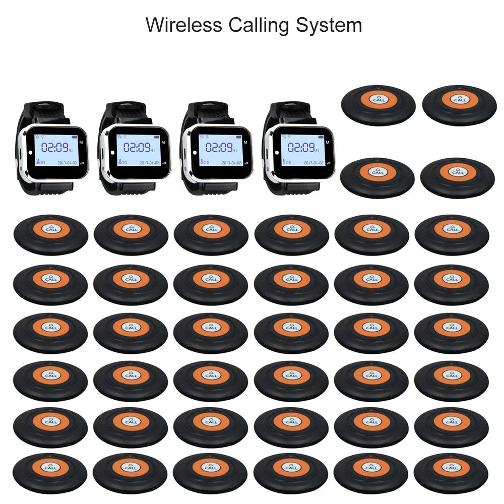 JINGLE BELLS 40 Call Buttton transmitters+4 Watch Receiver for cafe Wireless Service Call Bell Restaurant Guest Calling System