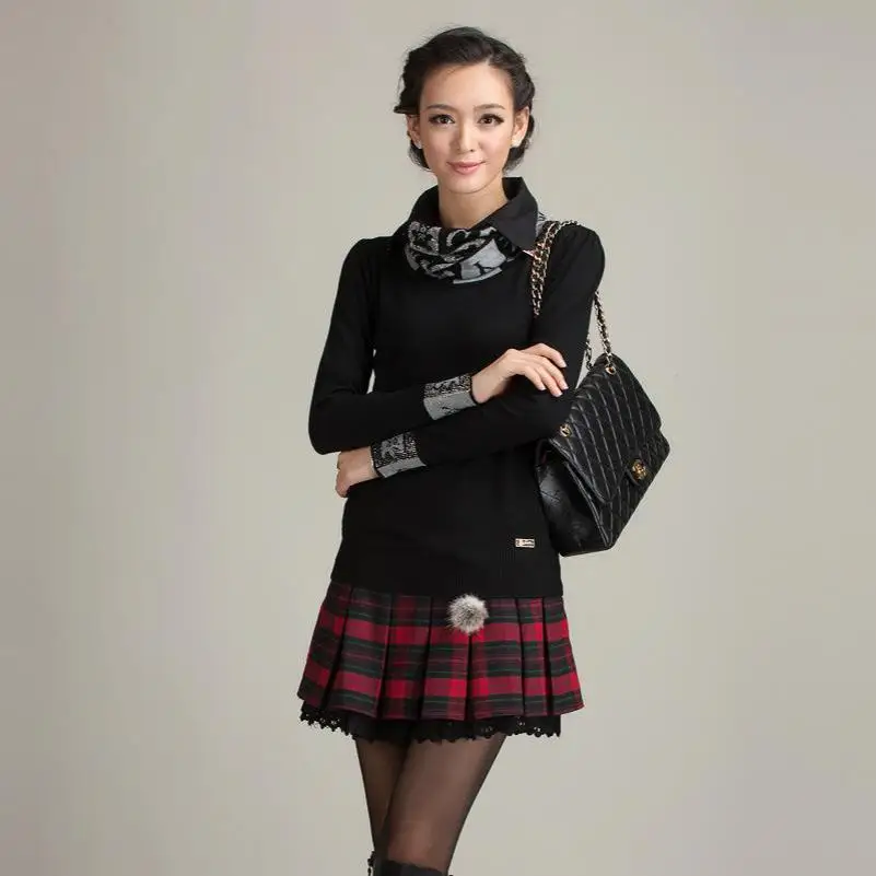 

2019 New Fashion All Match Flounce Plaid Skirt Pleated Skirt Backing Wool Mini Skirt With Shining Waist Chain clothes