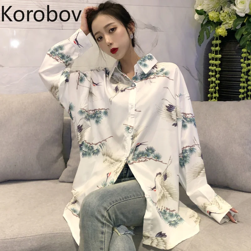 Korobov Harajuku Cartoon Print Loose Casual Women Blouse Korean Elegant Printed Female Shirt BF Long Sleeve Mujer Blusas 77004 |