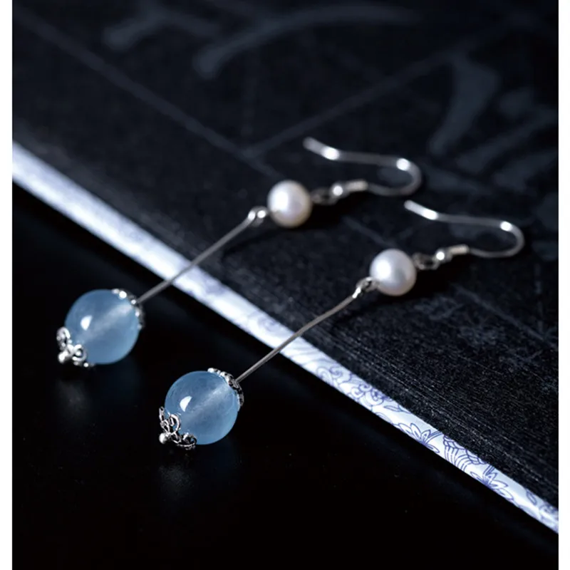 Женские серьги подвески из тайского серебра с натуральным