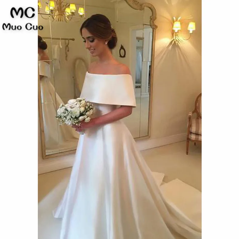 Принцесса A-Line с открытыми плечами свадебное платье; Robe de mariage короткий рукав Атлас Vestido de noiva спинки свадебное платье