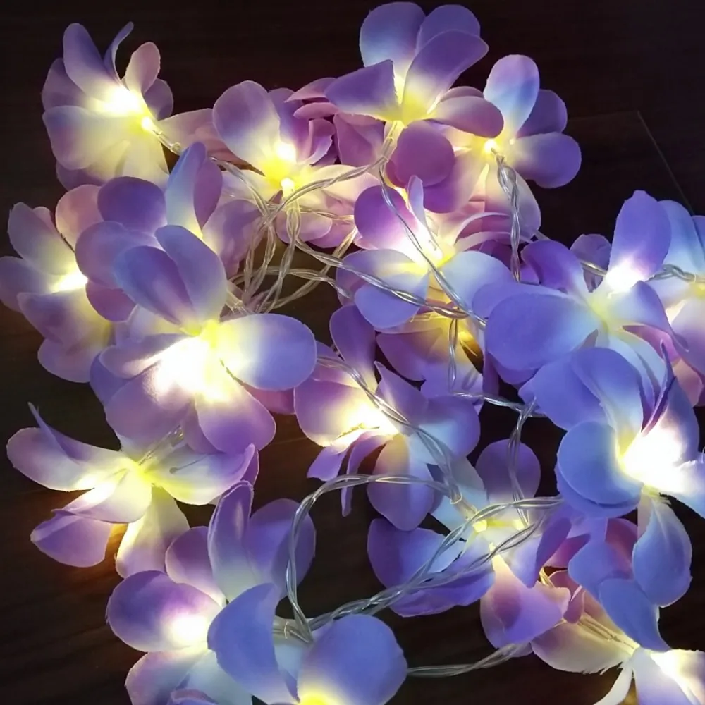 Белый фиолетовый ткань frangipani с цветочным рисунком для свадебных торжеств светодиодный индикатор заряда батареи, Плюмерия, гирлянда, вечерние, Рождество, в спальню 1/2/3/4 м
