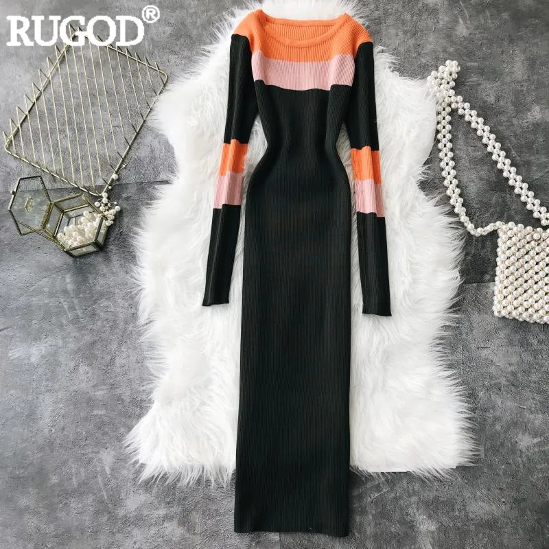 RUGOD 2018 модное контрастное цветное трикотажное платье женское с круглым вырезом