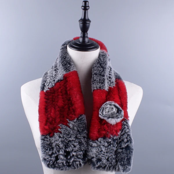Grey Red Кроличий мех шарфы для женщин настоящий Рекс цветочные шарфы пушистые зимние для девочек Теплые мягкие вязаные шали 90x14 см LQ07025 - Цвет: Grey Red