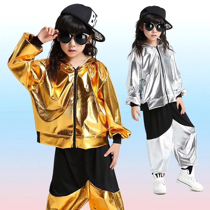 

Children Jazz Dance Clothing Boy PU Hip Hop Dance Costume with Hooded Femlae Harem Pants DS Dance Costume for School 89