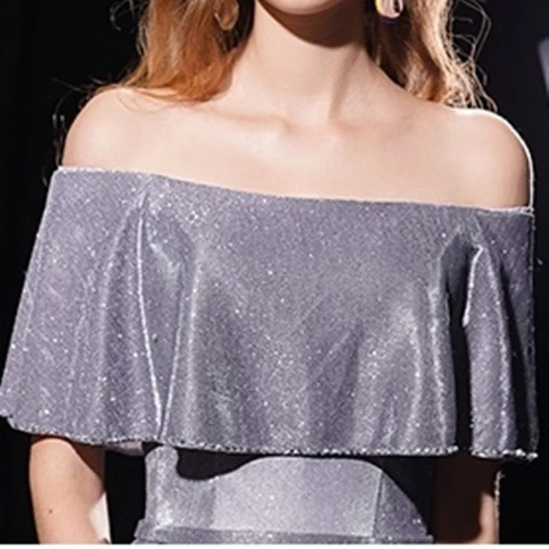 Элегантное длинное вечернее платье с открытыми плечами для выпускного вечера 2019