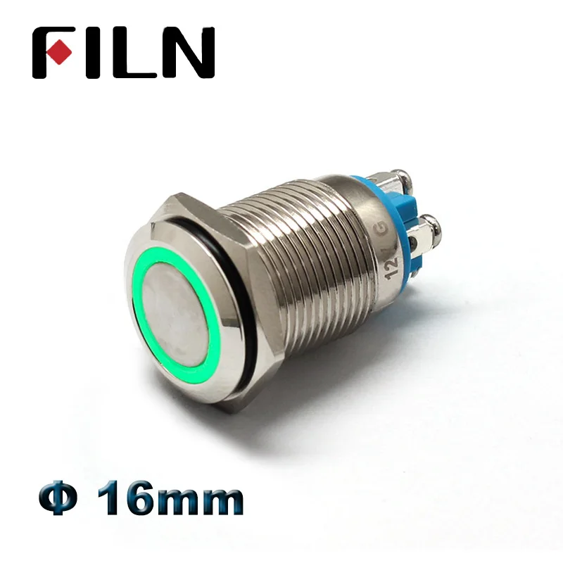 

16mm 12V Ring LED Nickel Plated Latching Metal Push button Switch Panel mounted 1NO Switch with Lamp on off