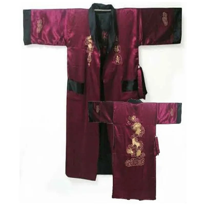 

Fashion Burgundy Black Chinese Men's Satin Reversible Bathrobe Novelty Two-Face Sleepwear Embroidered Kimono Gown One Size ZR33