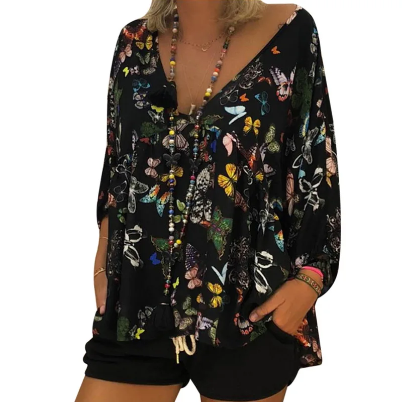 Женские модные летние рубашки с принтом бабочки повседневные свободные