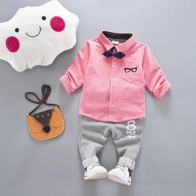 pink Стильная одежда для маленьких мальчиков осень Одежда для малышей комплекты Спортивная футболка с длинным рукавом детская одежда костюмы футболка с бантом+ штаны F0022 - Цвет: pink