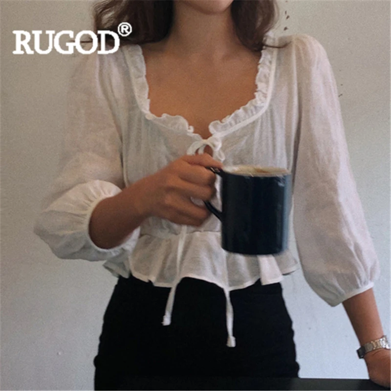 RUGOD Женская Однотонная футболка рубашка с квадратным воротником на шнуровке