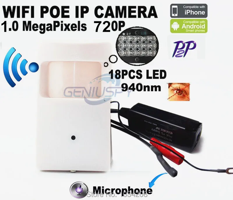 

HD 720P Poe Ip Camera Wifi 940Nm Infrared Ip Camera IR POE PIR Style Motion Detector P2P Plug And Play Night Vision Audio